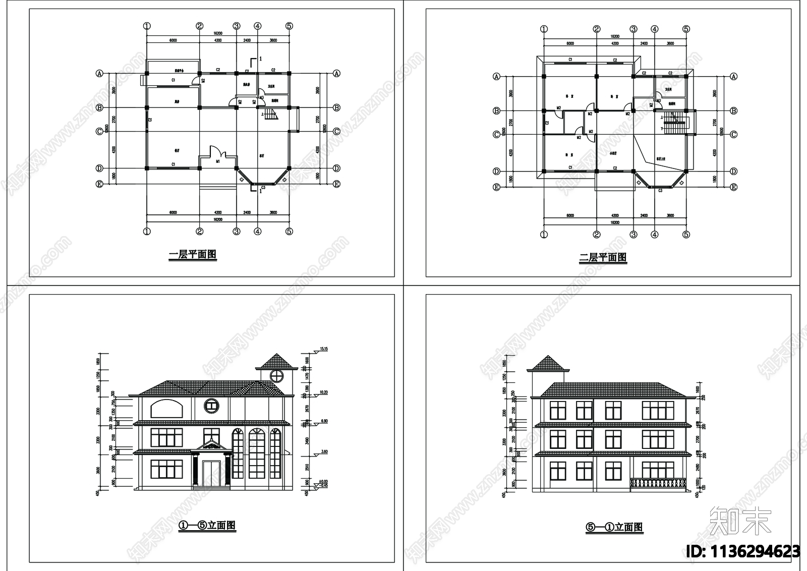 别墅建筑cad施工图下载【ID:1136294623】