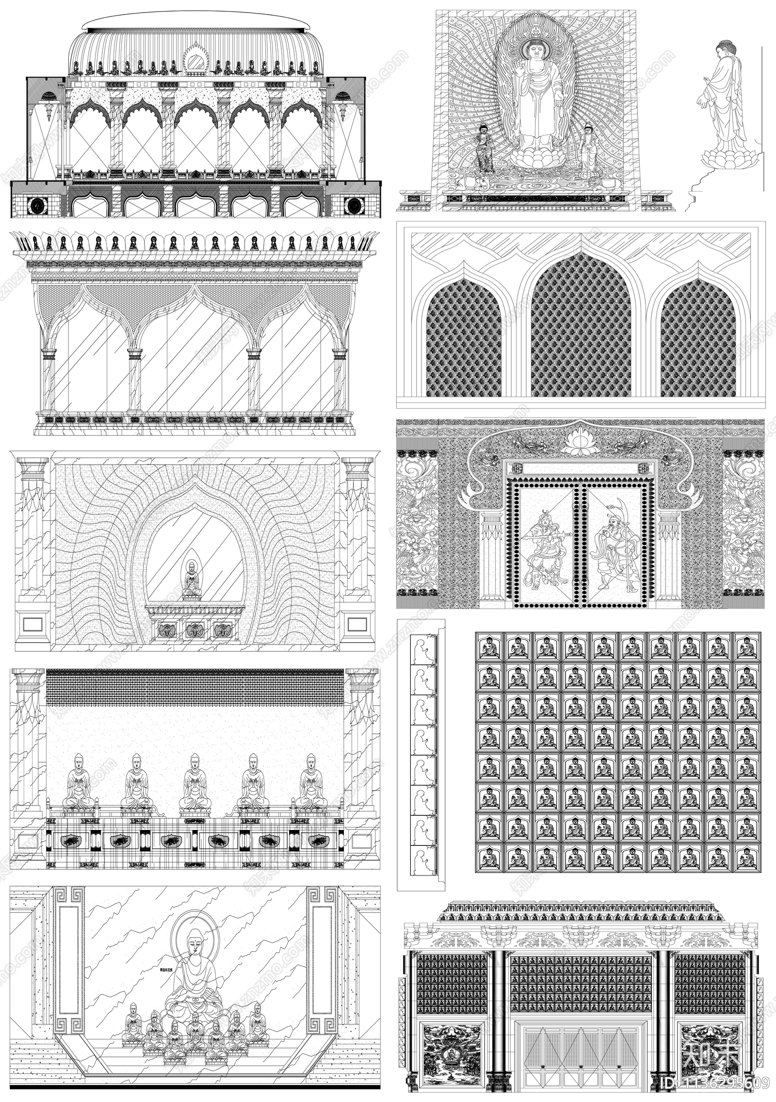 寺庙寺院佛堂背景墙cad施工图下载【ID:1136295609】