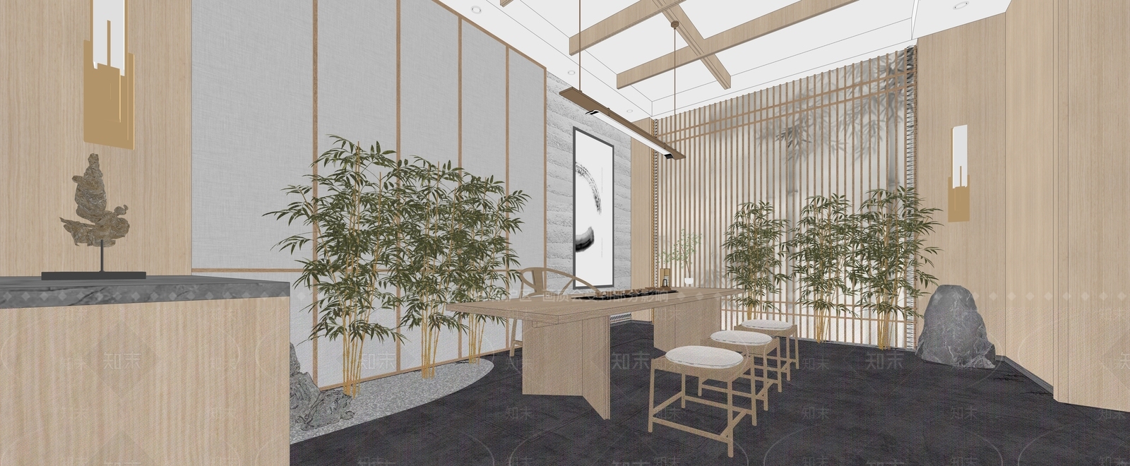 新中式茶馆大厅SU模型下载【ID:1136295606】