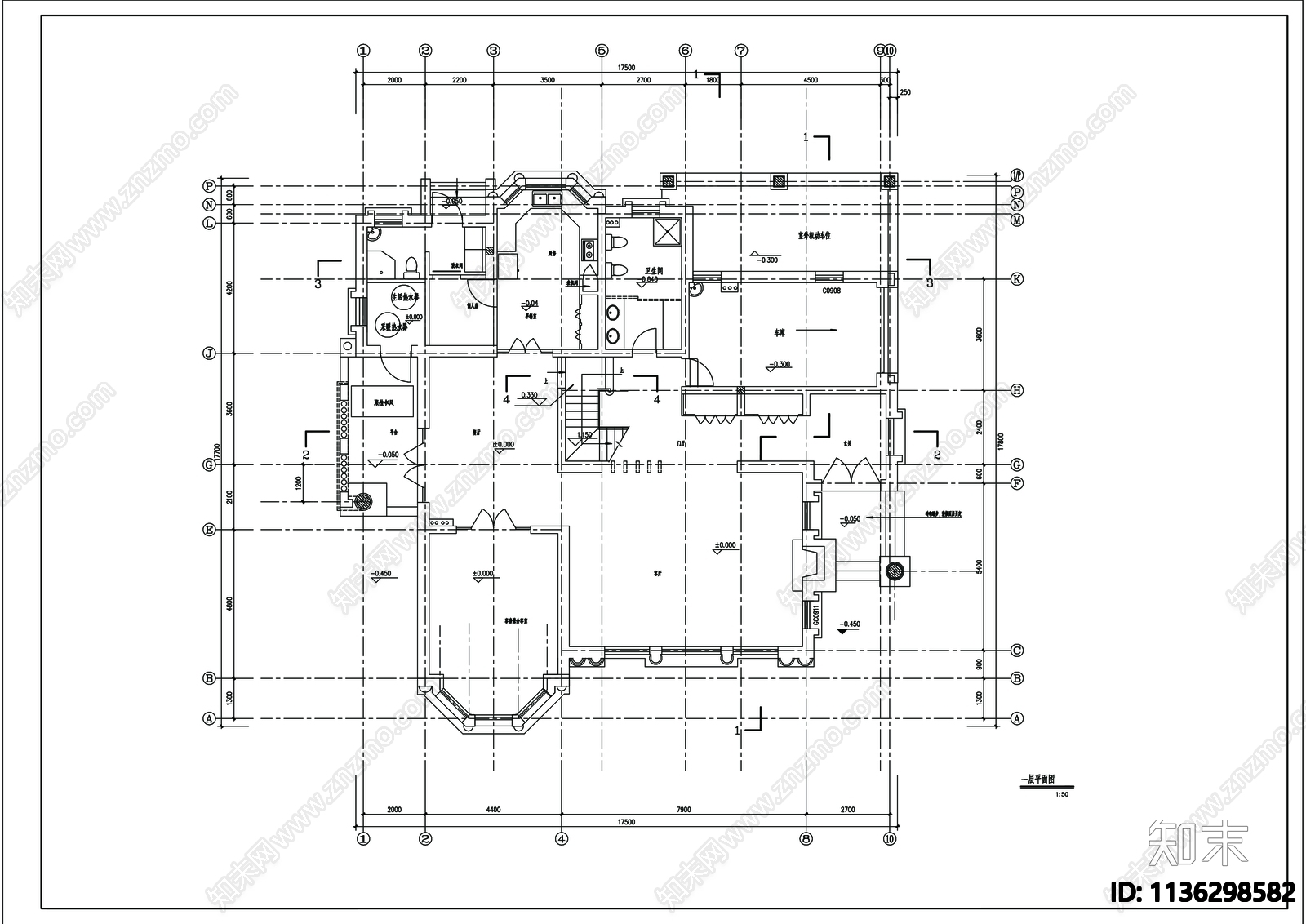 别墅建筑cad施工图下载【ID:1136298582】