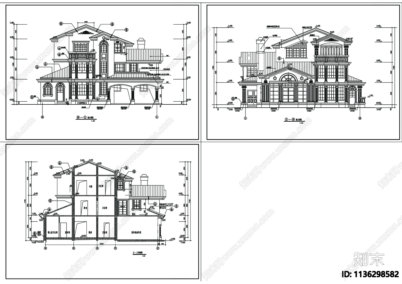 别墅建筑cad施工图下载【ID:1136298582】