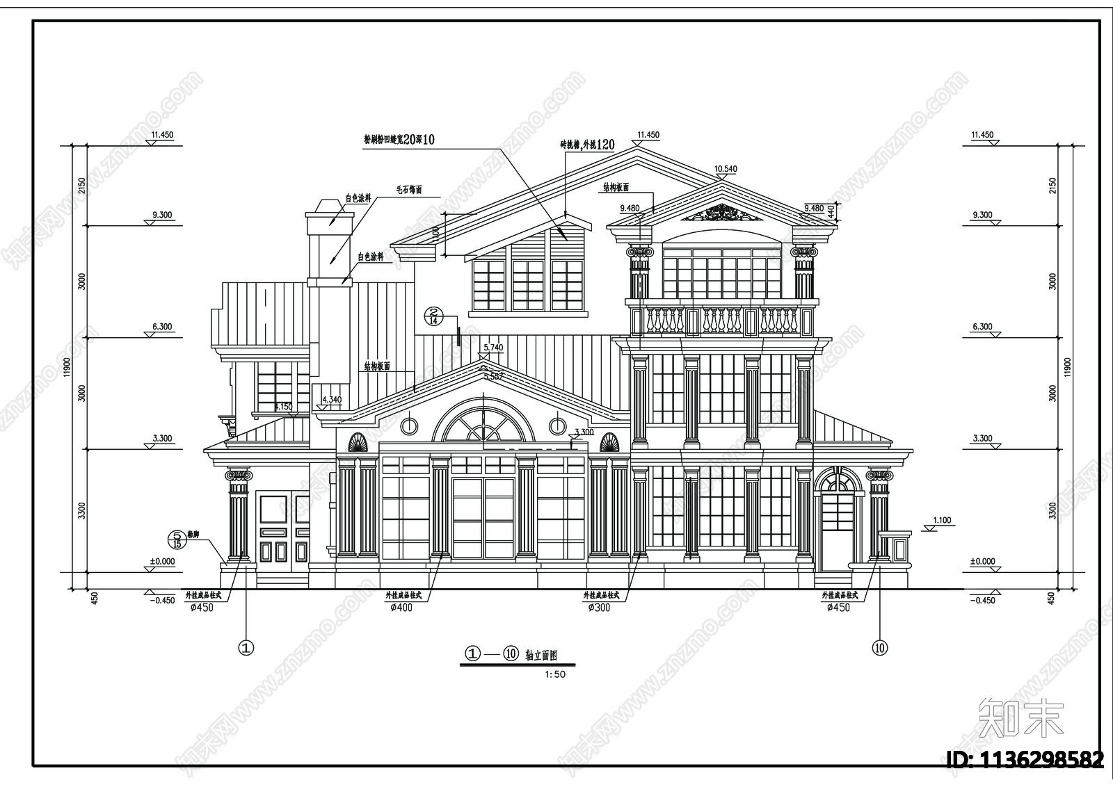 别墅建筑cad施工图下载【ID:1136298582】