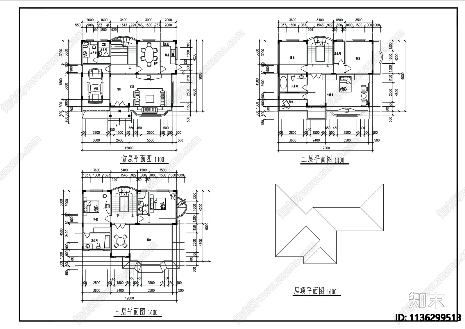 多层别墅建筑cad施工图下载【ID:1136299513】