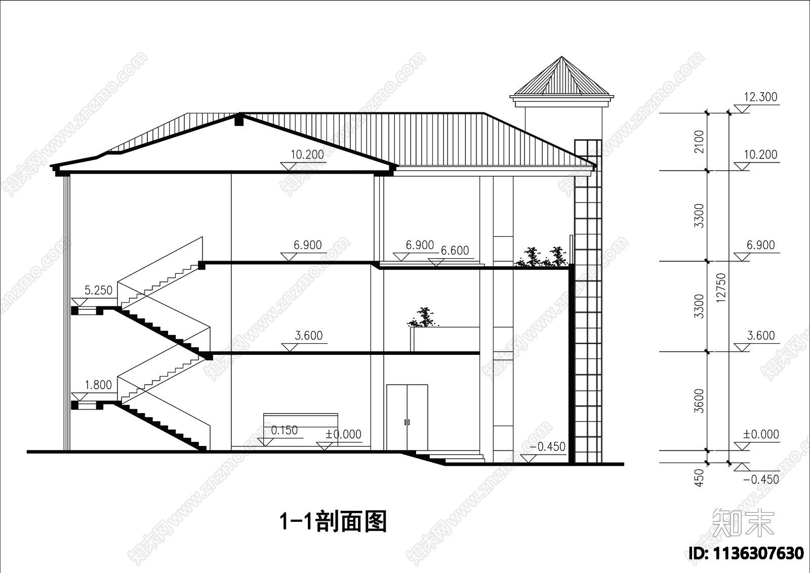 别墅建筑cad施工图下载【ID:1136307630】