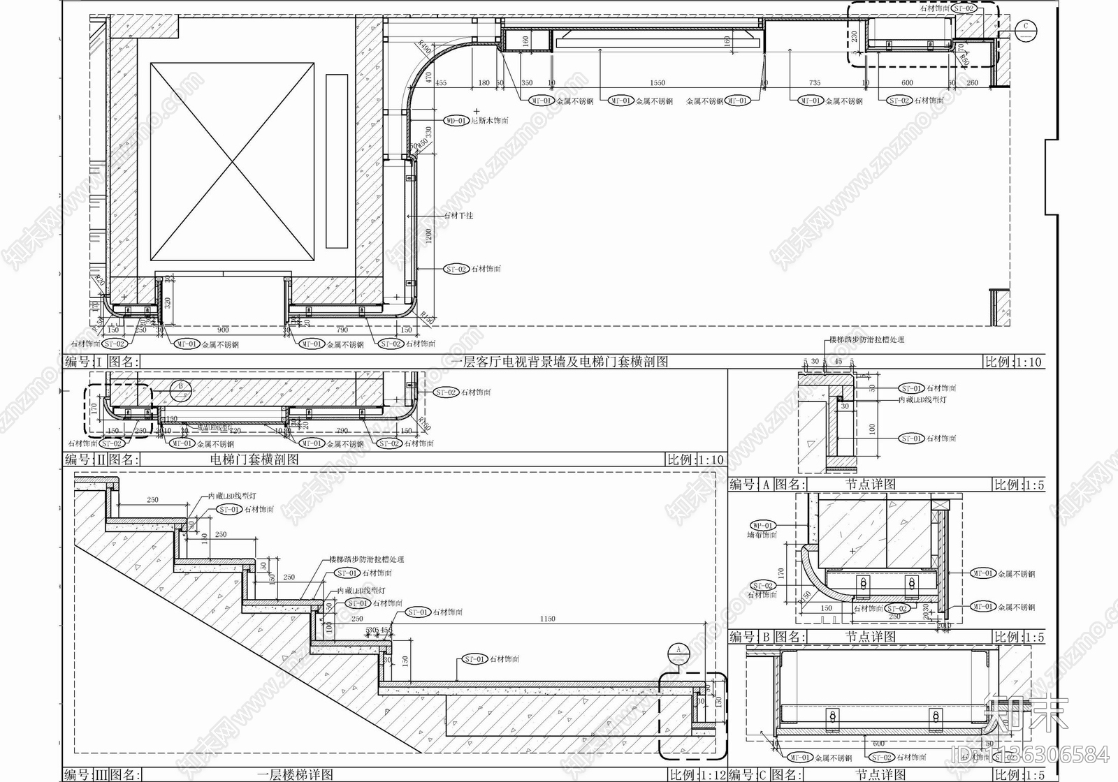 三层别墅室内cad施工图下载【ID:1136306584】