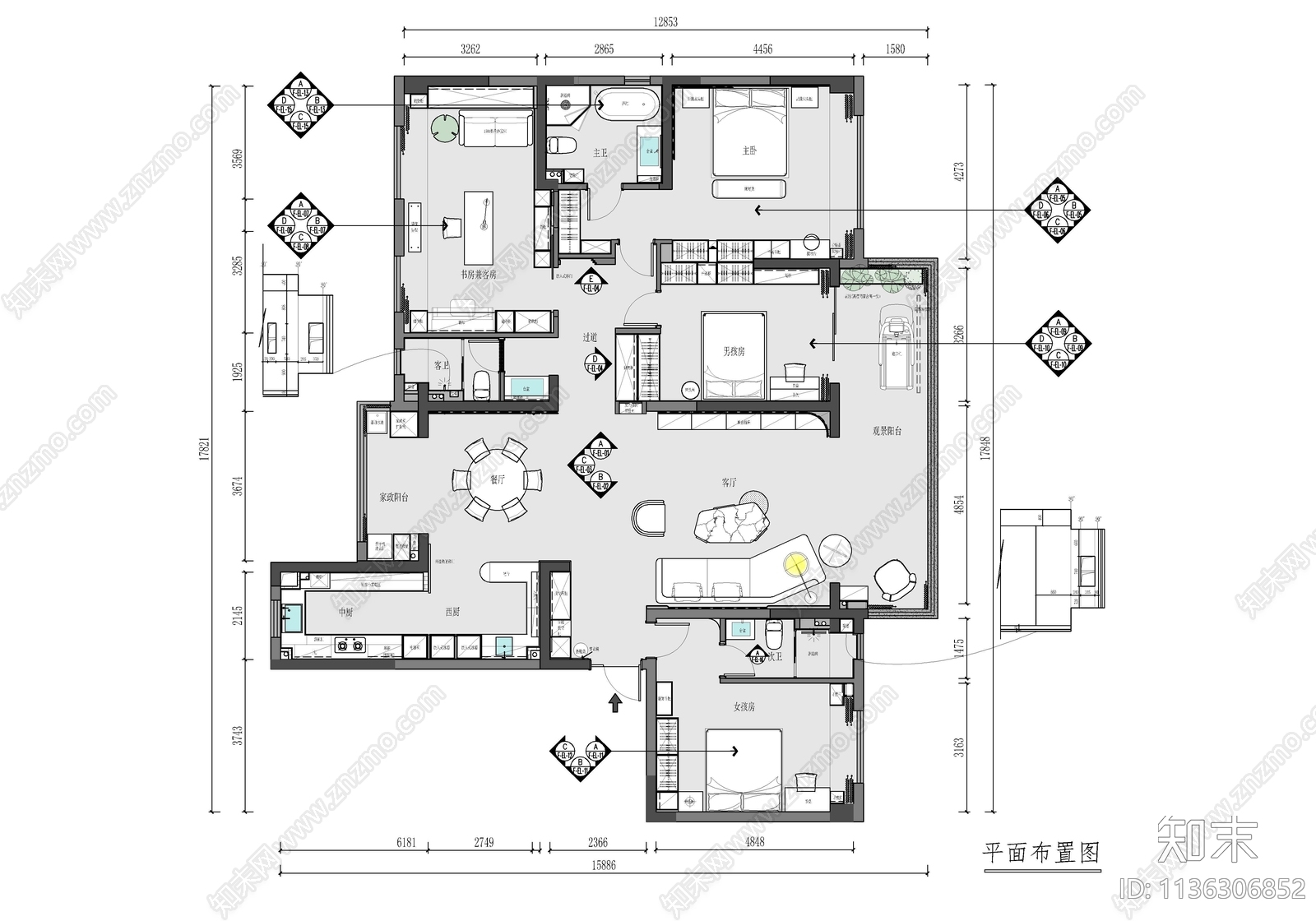 215㎡家装大平层施工图下载【ID:1136306852】