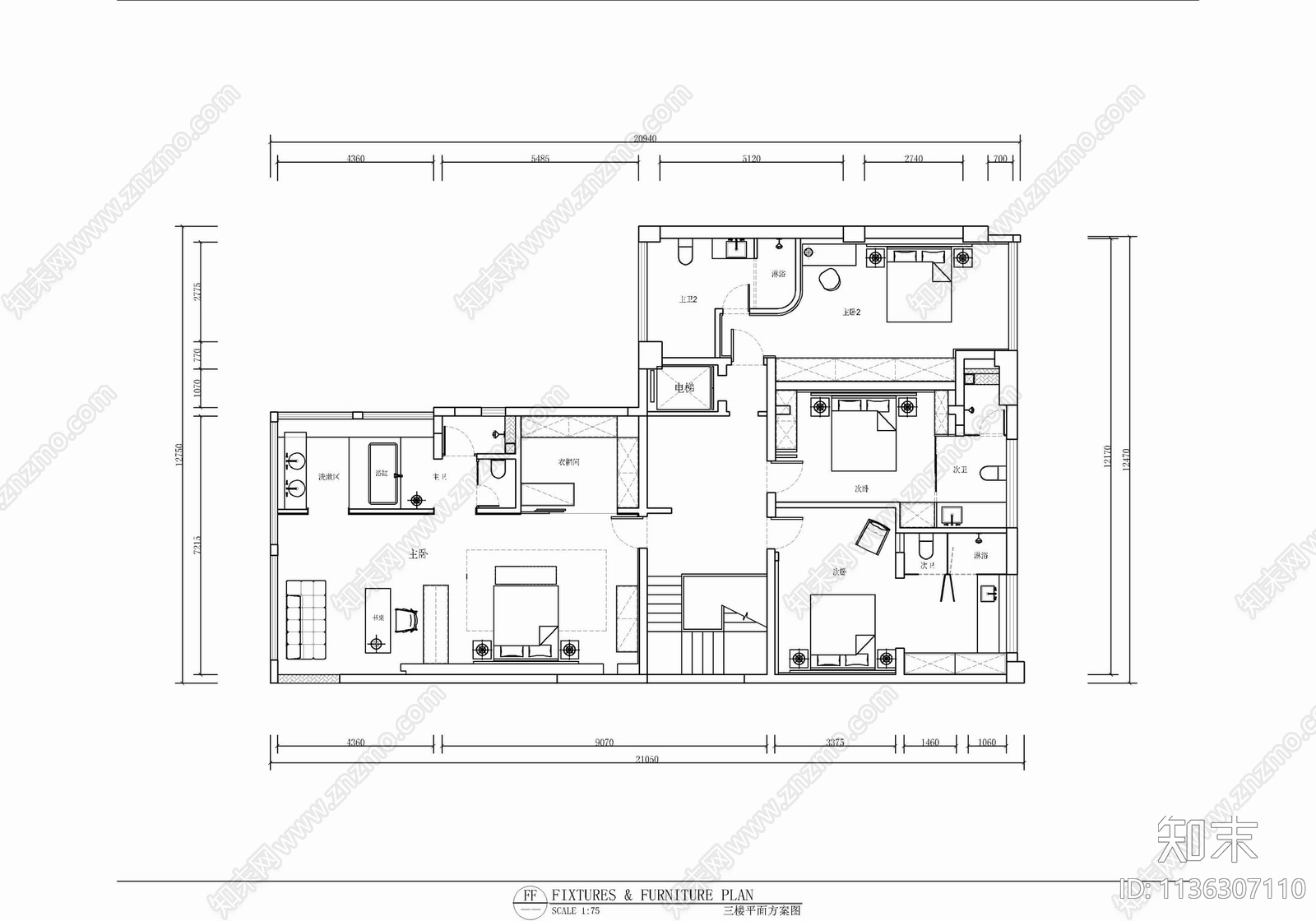 三层别墅室内cad施工图下载【ID:1136307110】