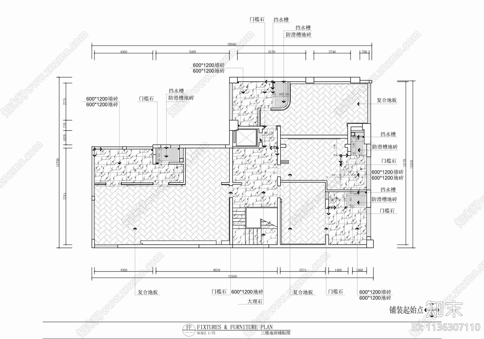 三层别墅室内cad施工图下载【ID:1136307110】