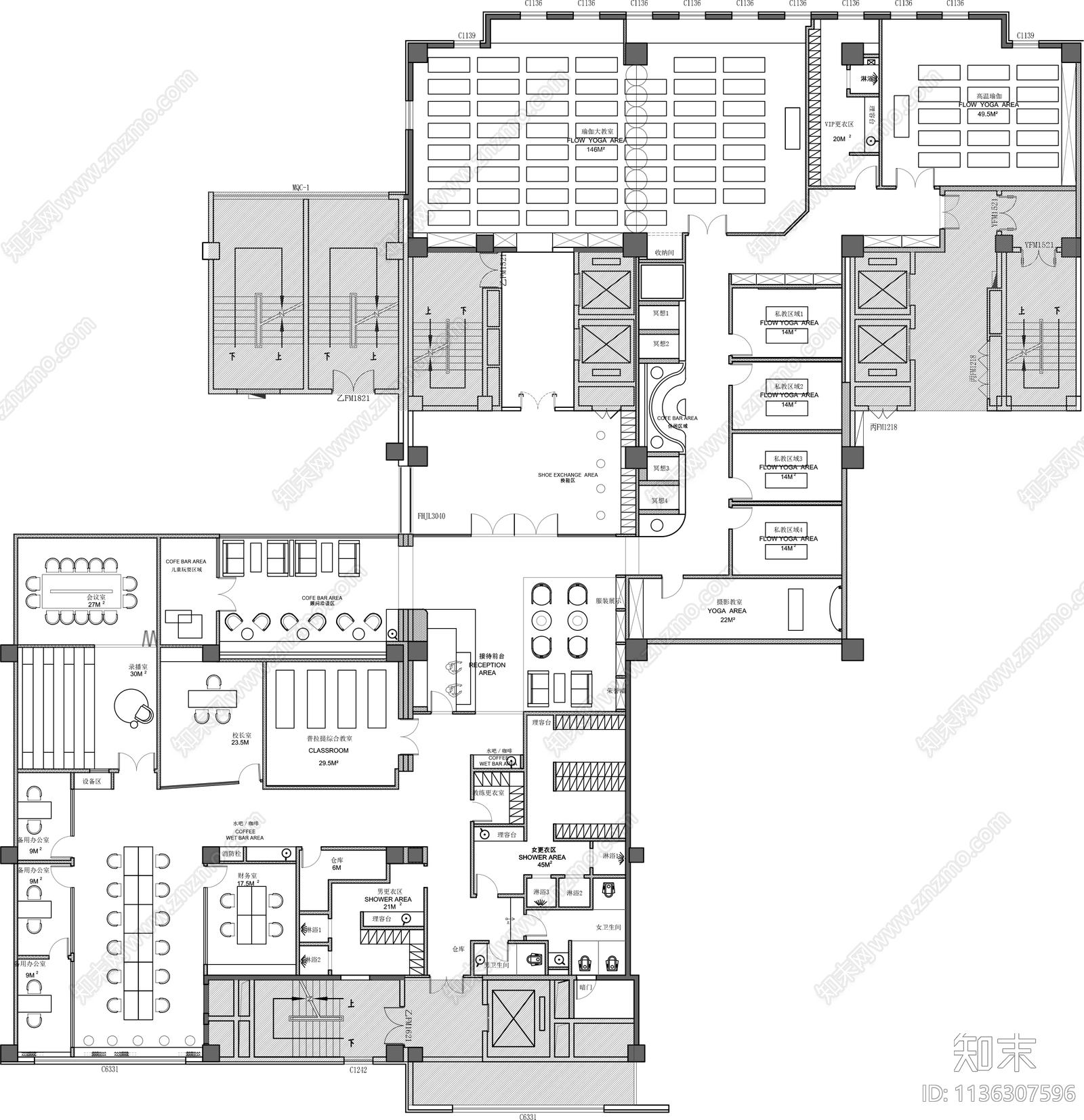 1200方瑜伽馆瑜伽学院平面布置图cad施工图下载【ID:1136307596】