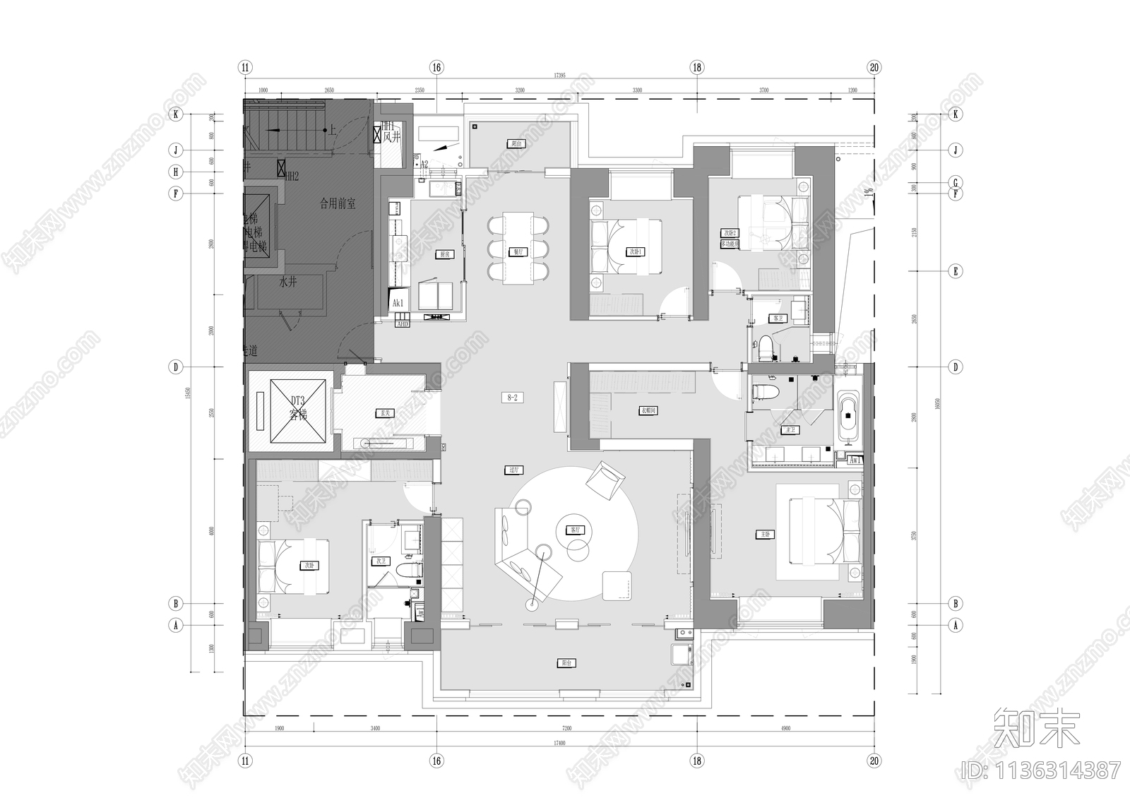 245m²大平层平面图cad施工图下载【ID:1136314387】