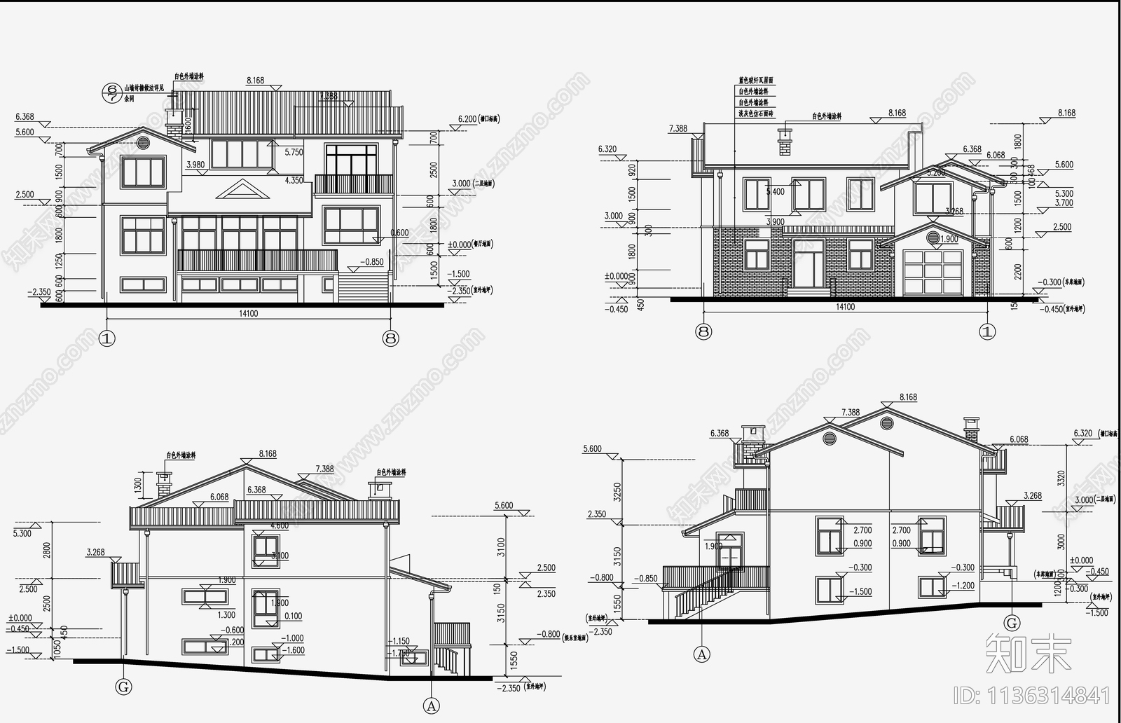 新中式别墅建筑cad施工图下载【ID:1136314841】