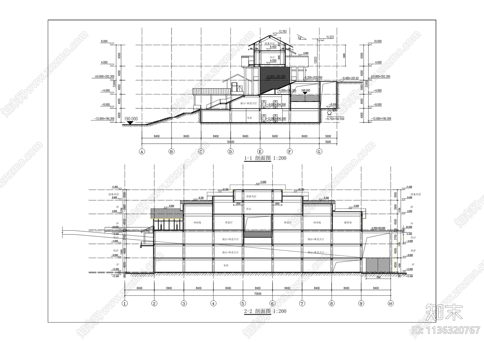 95古镇游客中心建筑cad施工图下载【ID:1136320767】