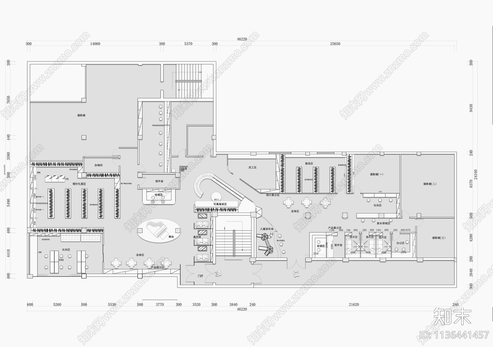 婚纱店影楼相馆平面图施工图下载【ID:1136441457】