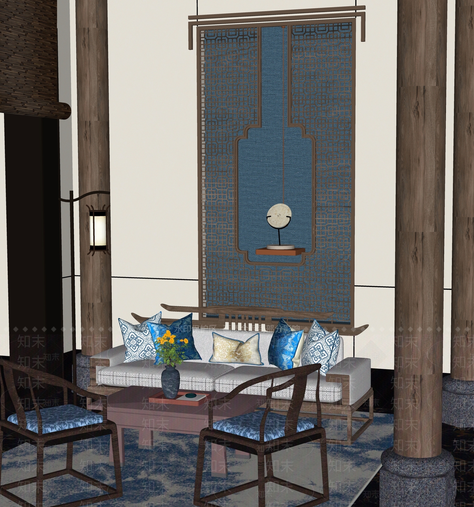 新中式售楼处洽谈区SU模型下载【ID:1136331034】