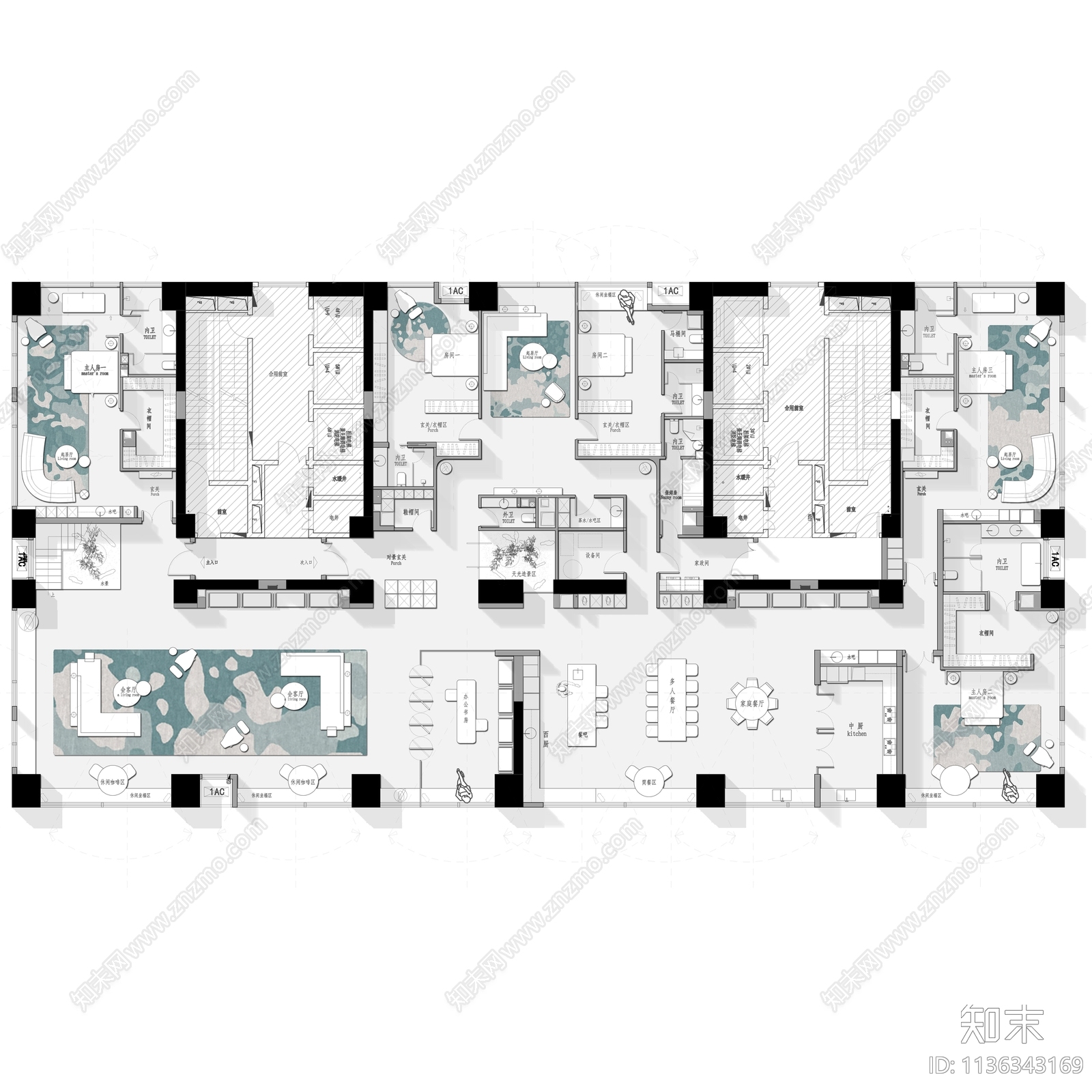 1000㎡豪宅六版平面方案图施工图下载【ID:1136343169】