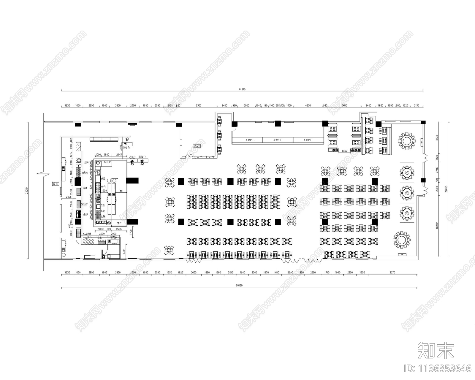 自助餐厅食堂平面布置图cad施工图下载【ID:1136353646】