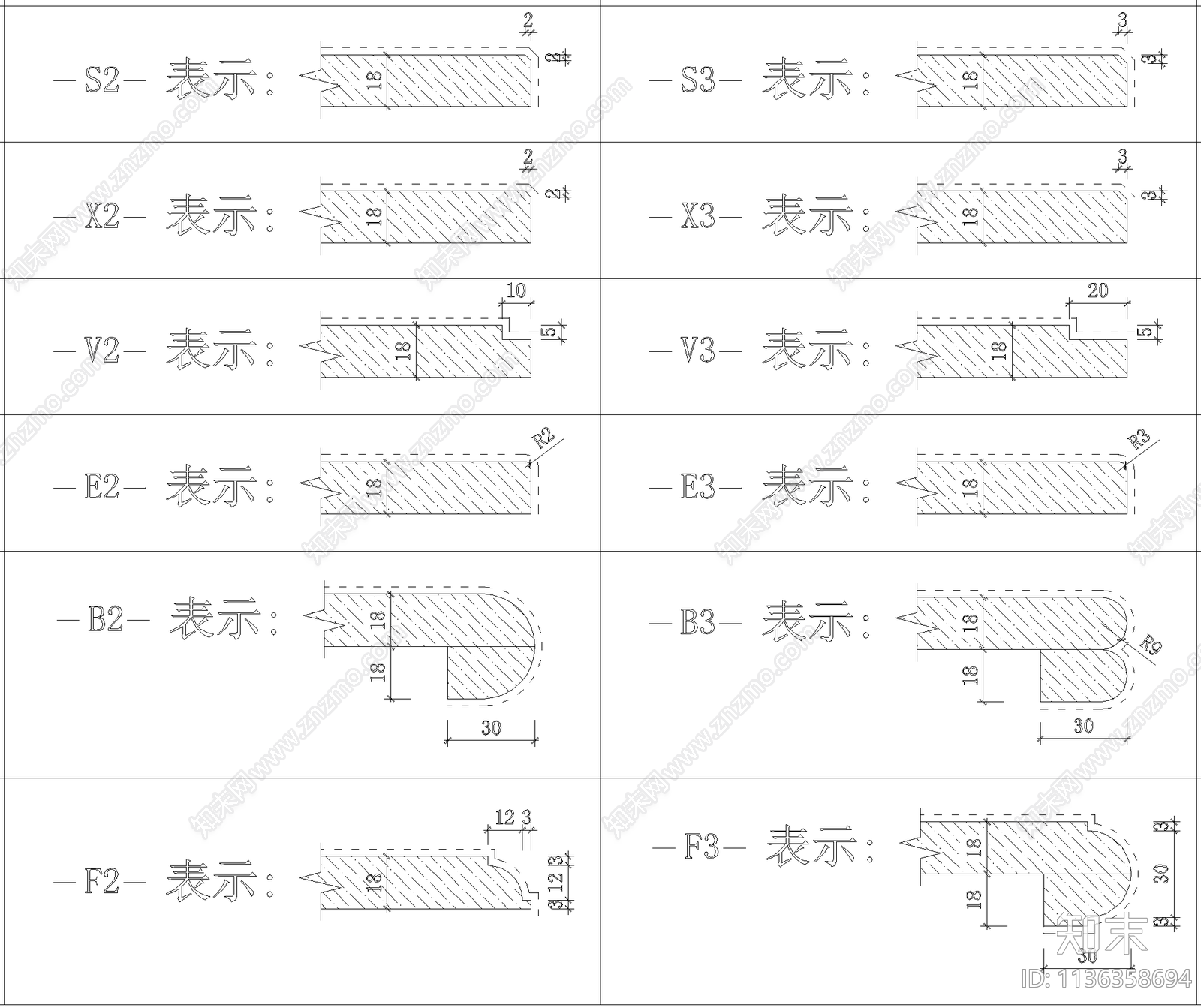 石材加工线条符号cad施工图下载【ID:1136358694】