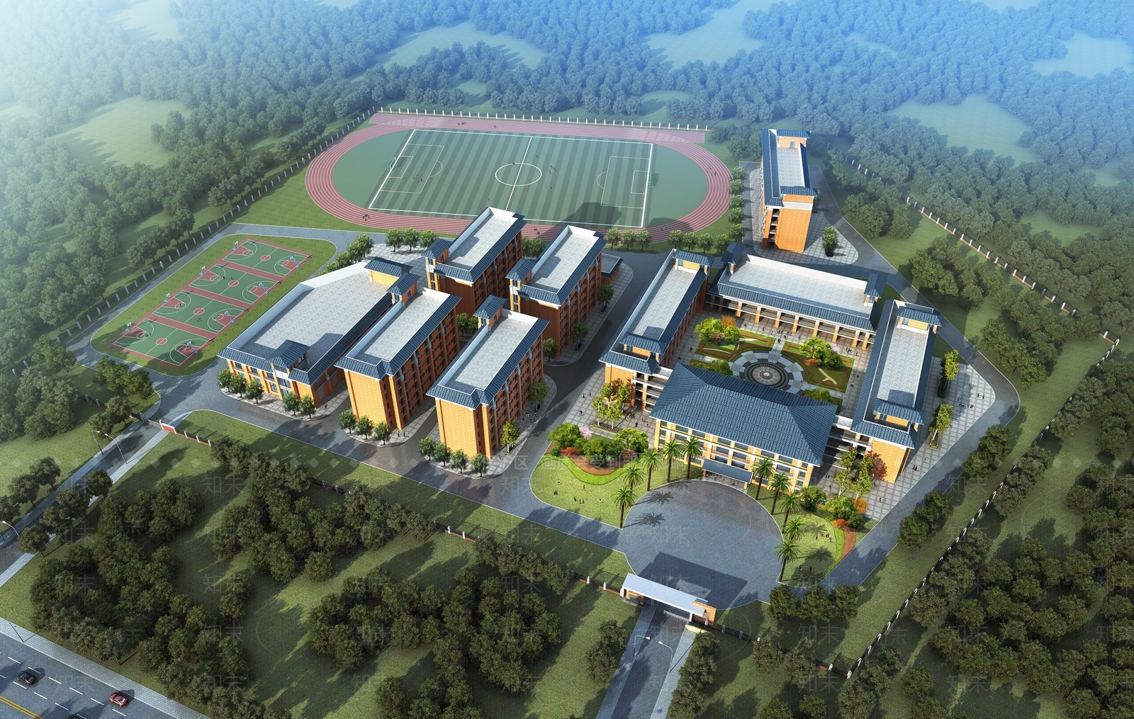 现代学校鸟瞰外观3D模型下载【ID:1136371663】