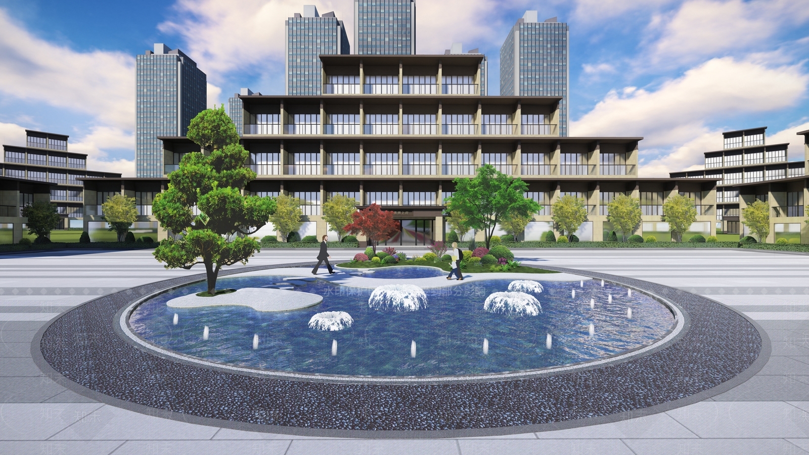 新中式示范区水景景观SU模型下载【ID:1136372574】