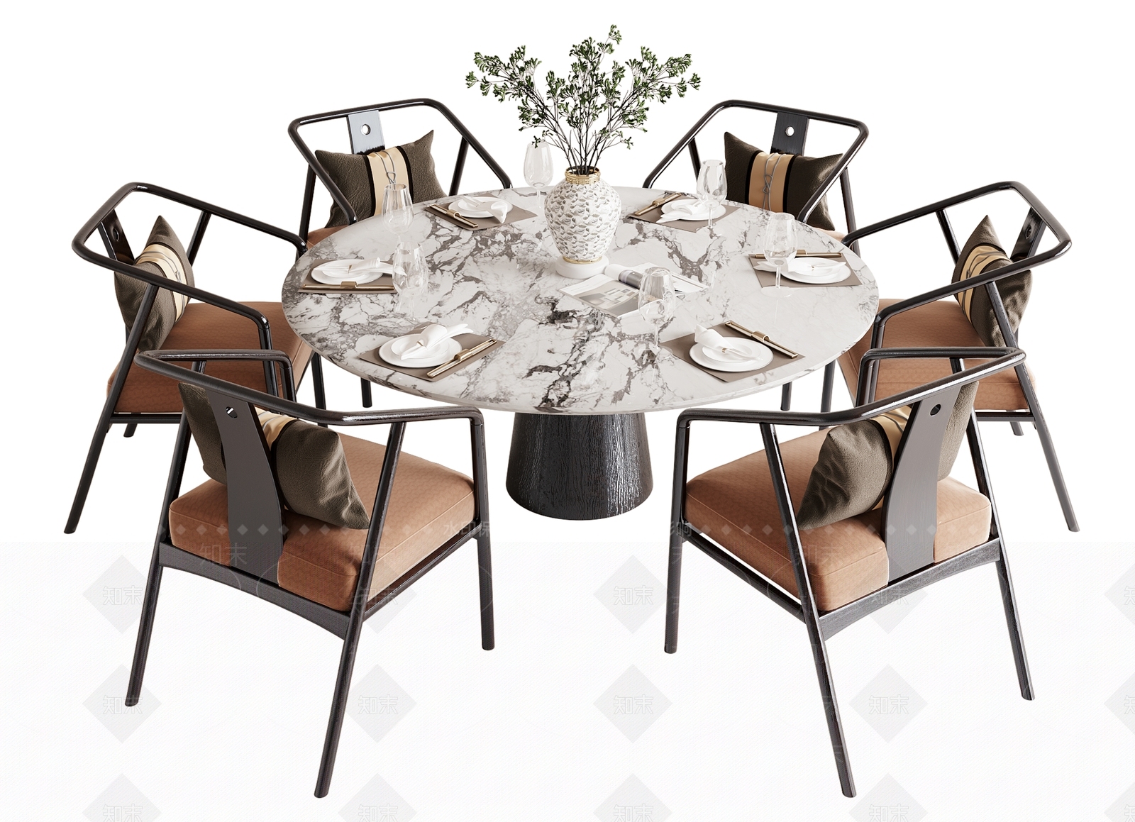 新中式餐桌椅组合3D模型下载【ID:1136373610】