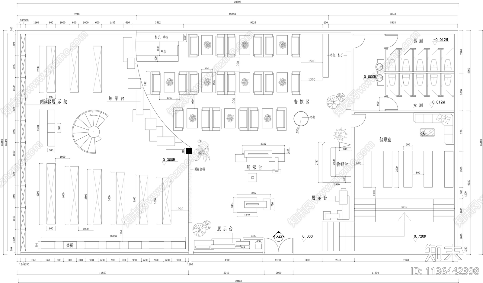 图书馆书吧平面图cad施工图下载【ID:1136442398】
