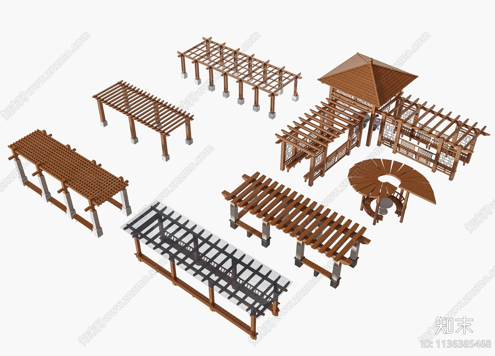 中式景观廊架3D模型下载【ID:1136385468】