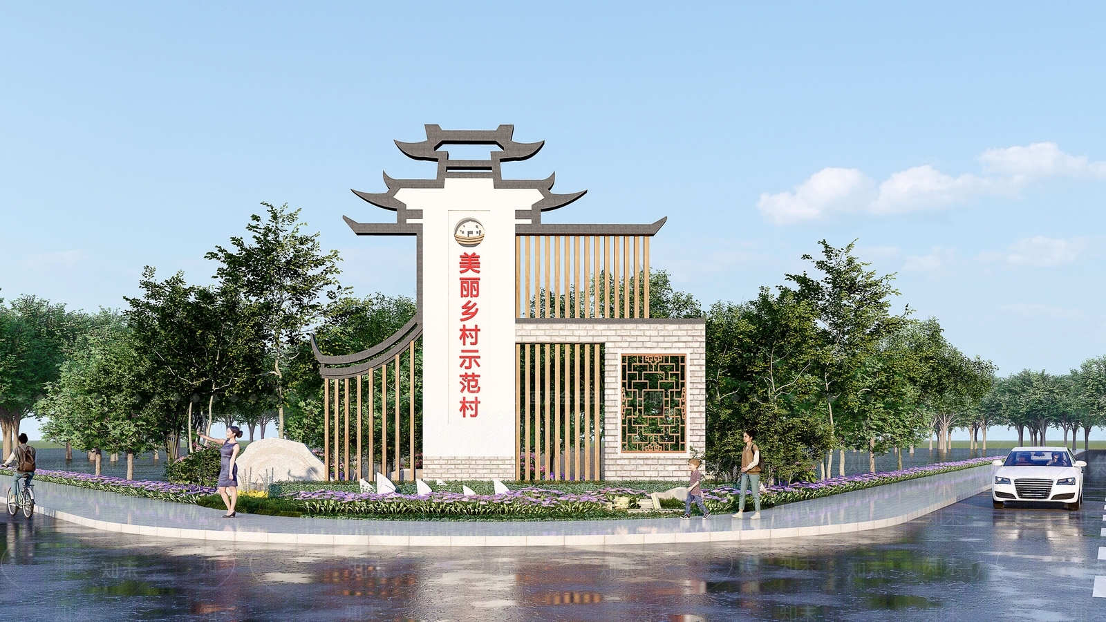 新中式美丽乡村村标入口大门景墙标识指示牌SU模型下载【ID:1136400851】
