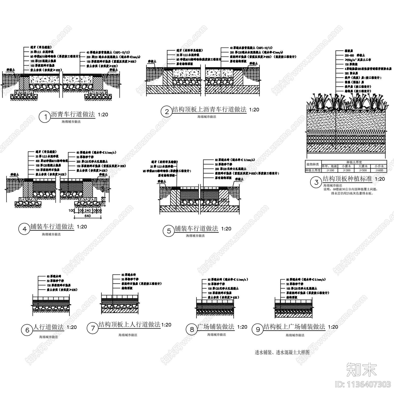 人行道透水铺装透水砖小石料做法cad施工图下载【ID:1136407303】