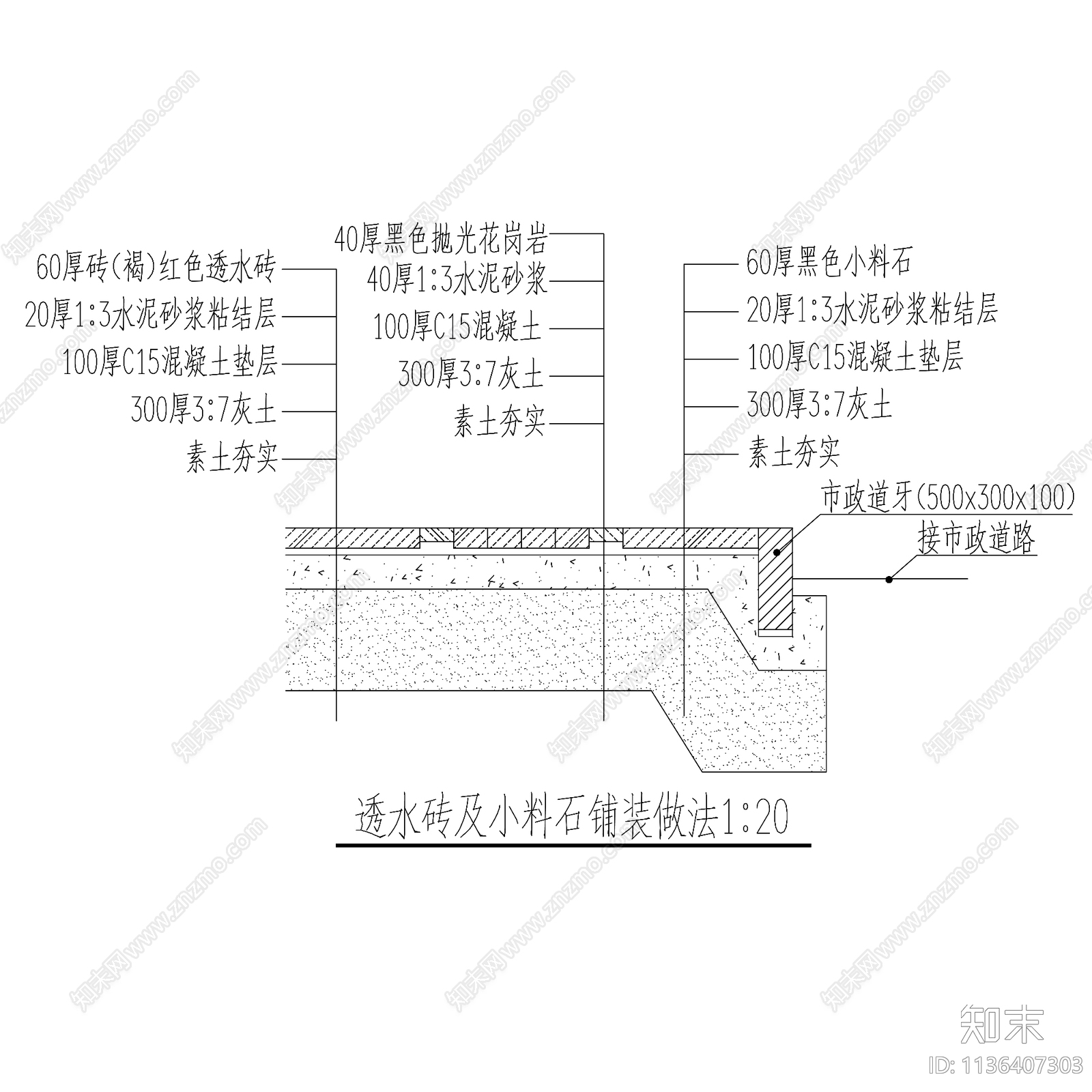 人行道透水铺装透水砖小石料做法cad施工图下载【ID:1136407303】