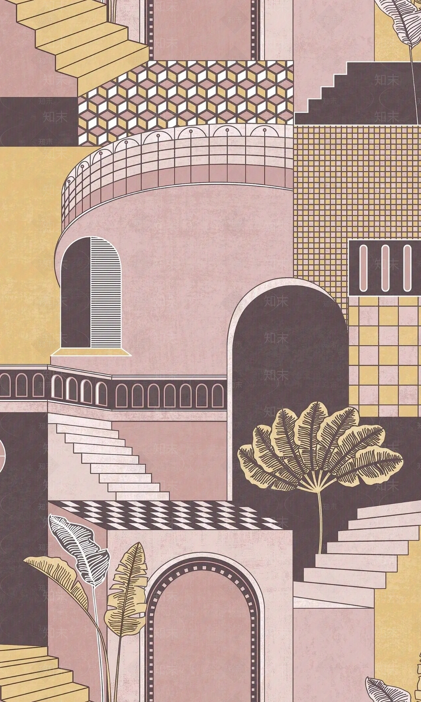 彩色地中海风格建筑壁纸贴图下载【ID:1136416181】