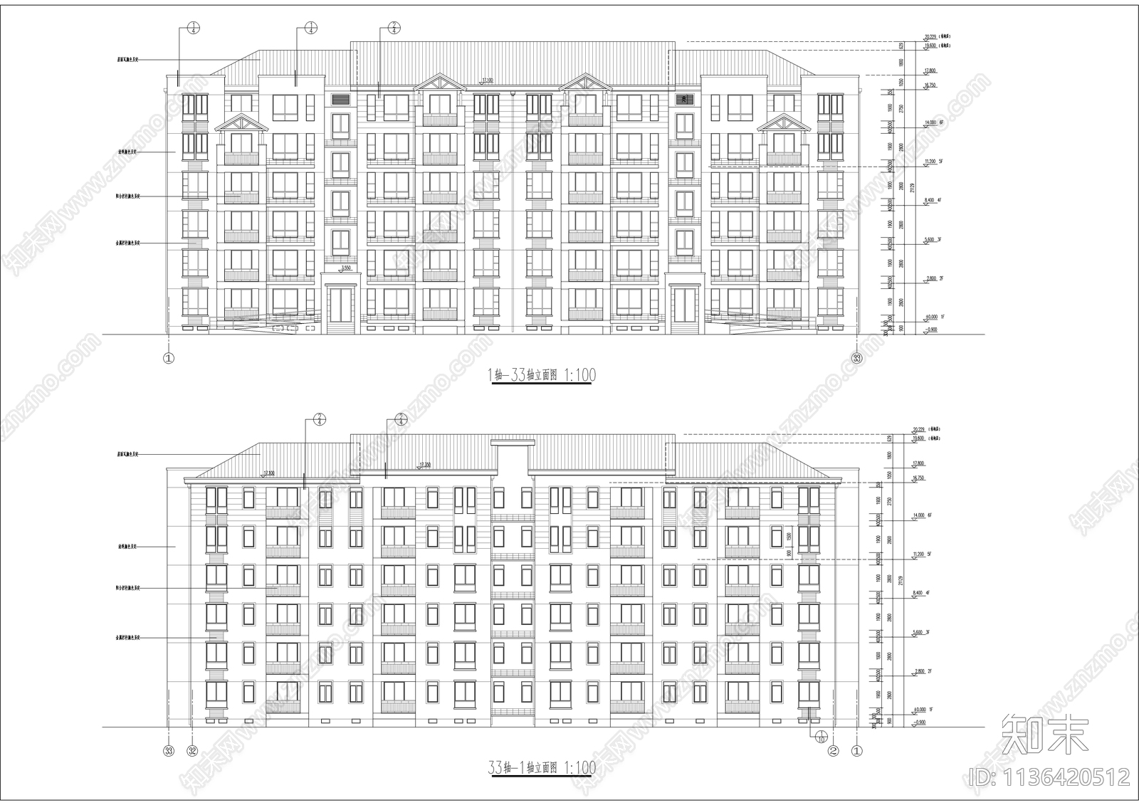 六层坡屋顶全套建筑cad施工图下载【ID:1136420512】