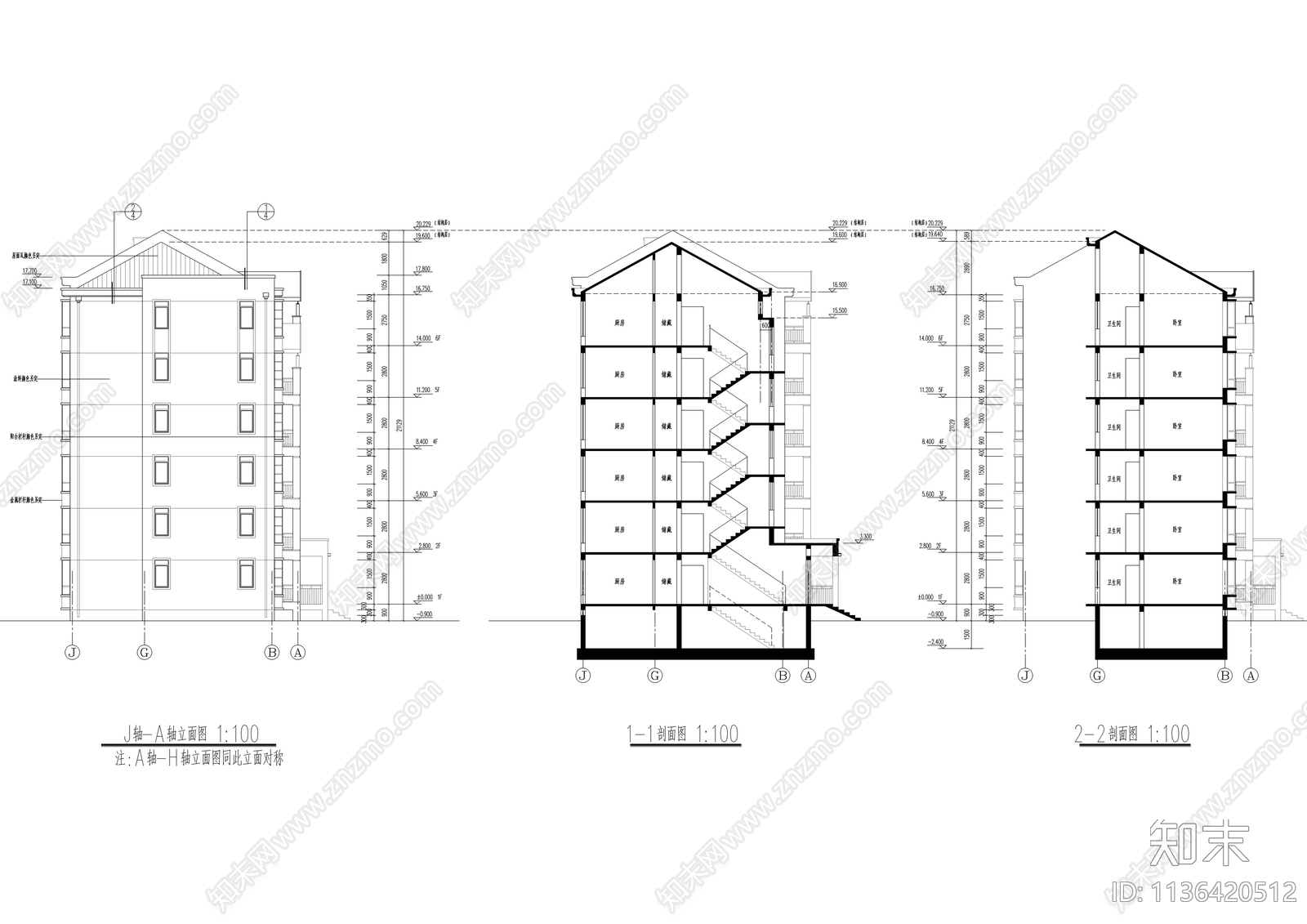 六层坡屋顶全套建筑cad施工图下载【ID:1136420512】