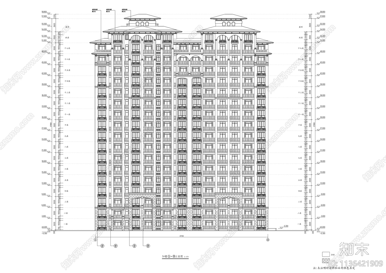 欧式高层住宅楼建筑cad施工图下载【ID:1136421909】