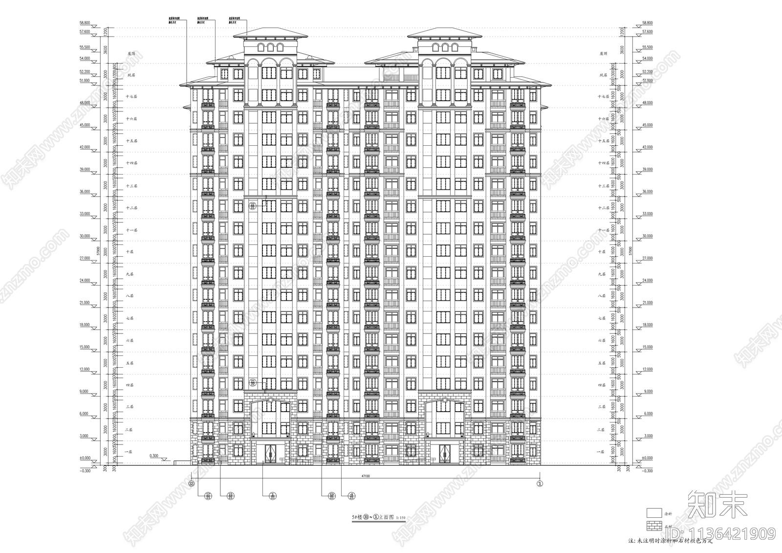 欧式高层住宅楼建筑cad施工图下载【ID:1136421909】