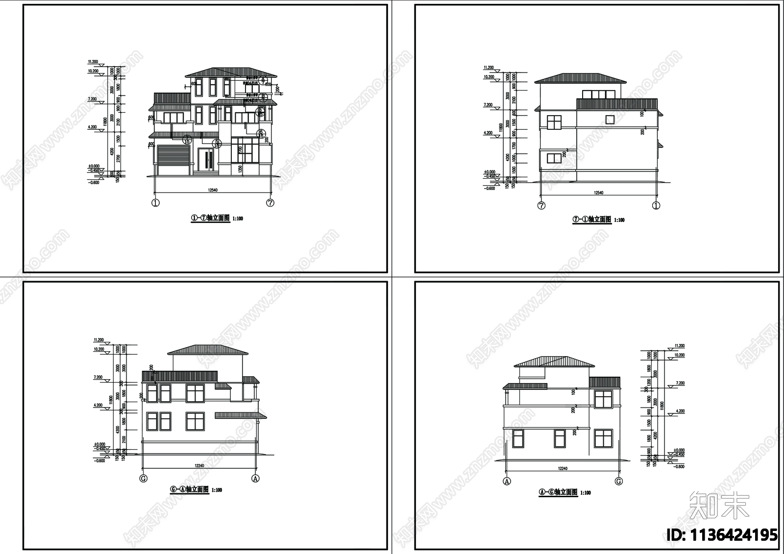 别墅建筑cad施工图下载【ID:1136424195】