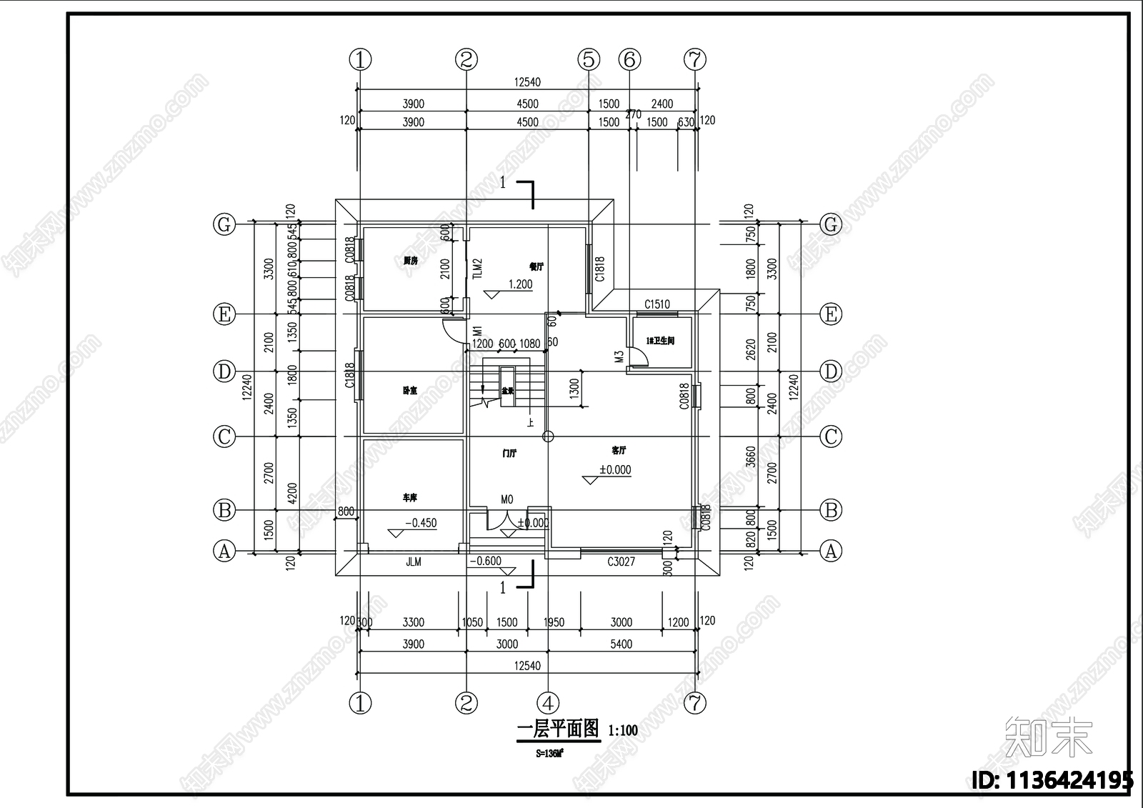 别墅建筑cad施工图下载【ID:1136424195】