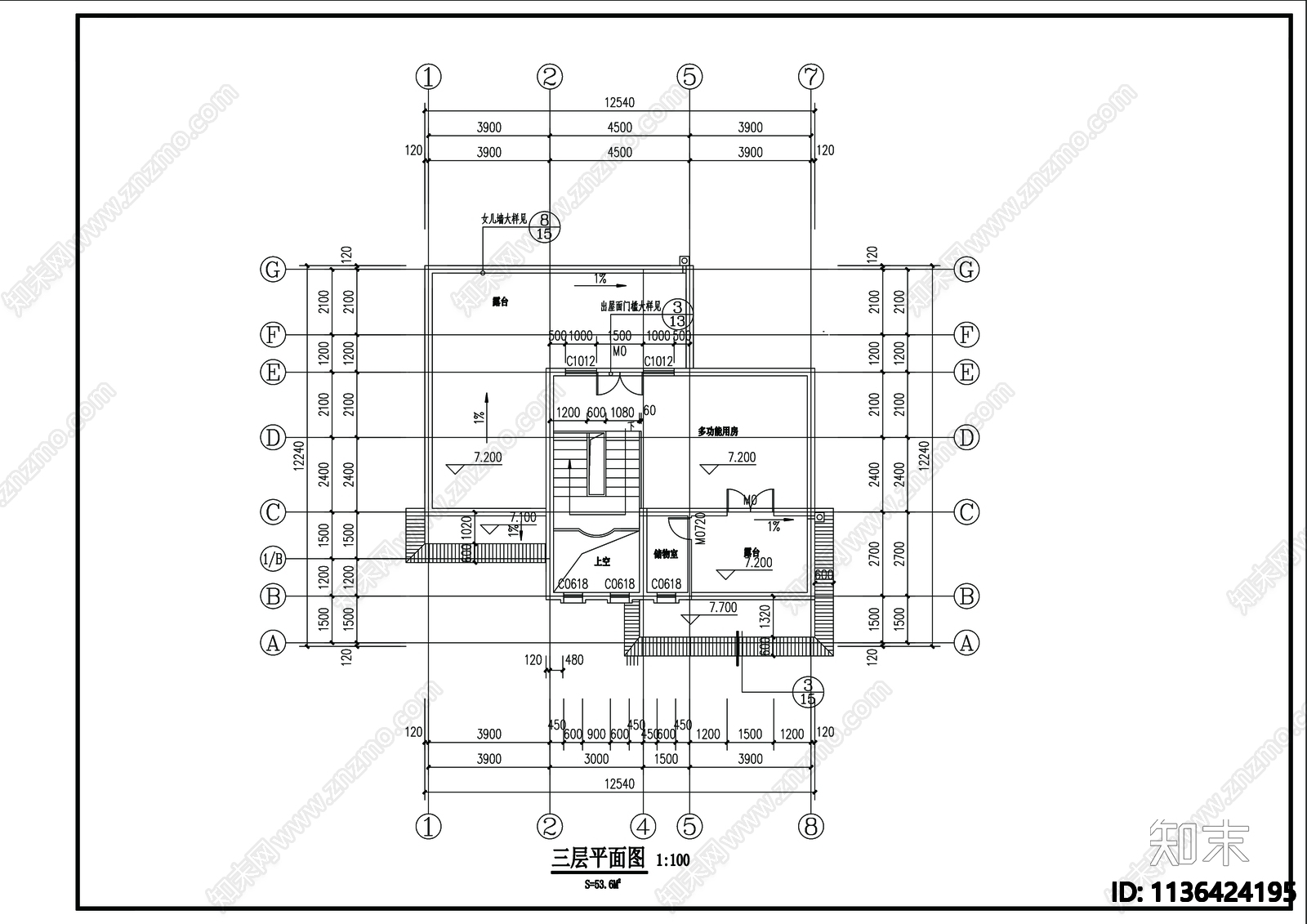 别墅建筑cad施工图下载【ID:1136424195】