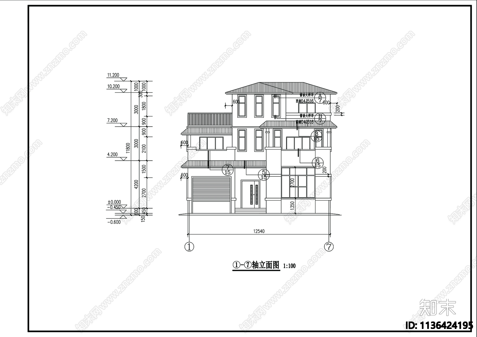 别墅建筑cad施工图下载【ID:1136424195】