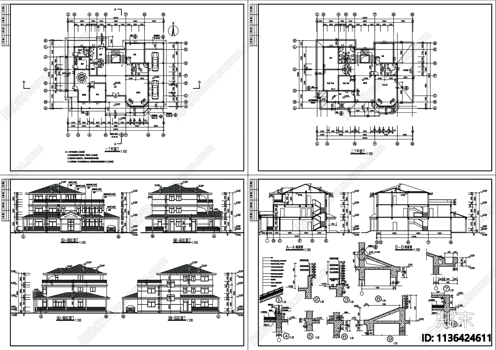 别墅建筑cad施工图下载【ID:1136424611】