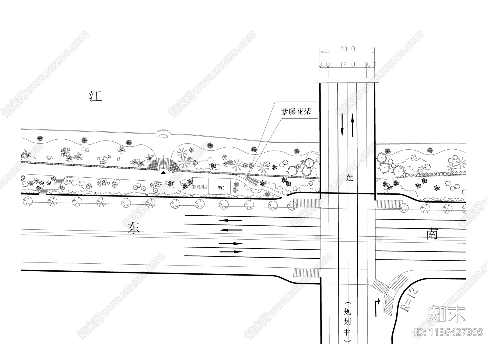 沿江湖滨公园景观总平面图cad施工图下载【ID:1136427399】