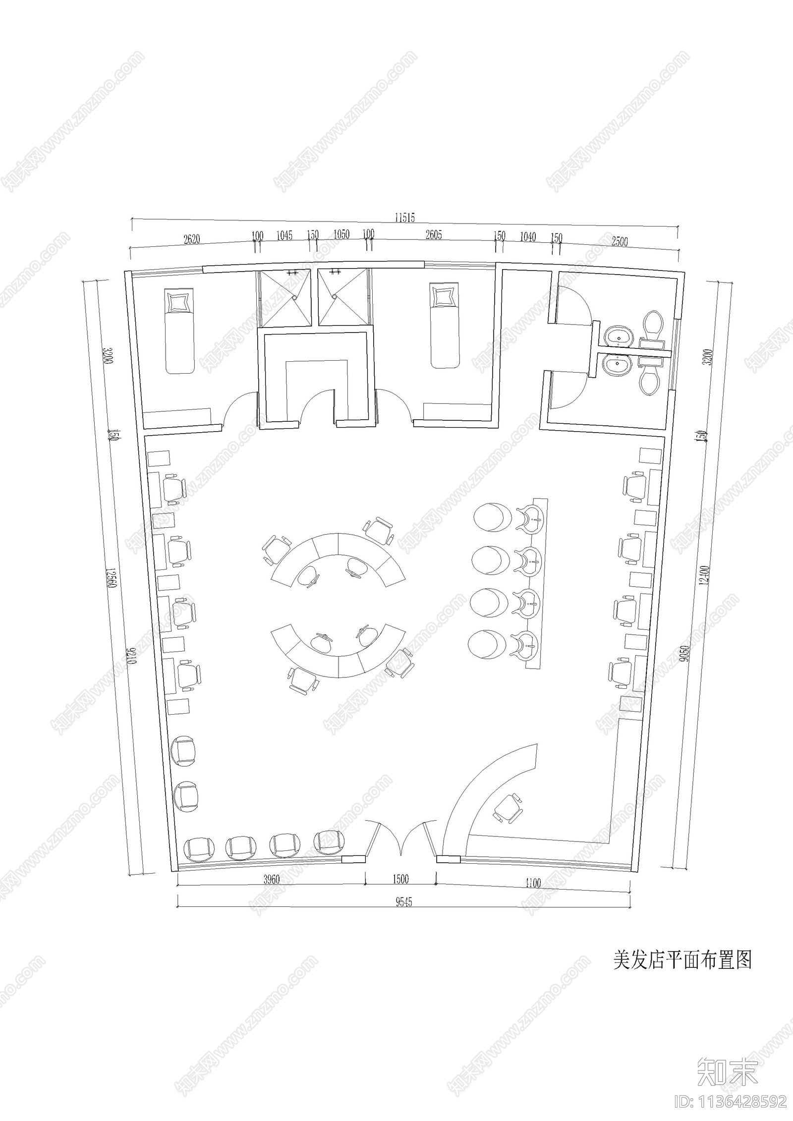 美容美发店平面布置图施工图下载【ID:1136428592】