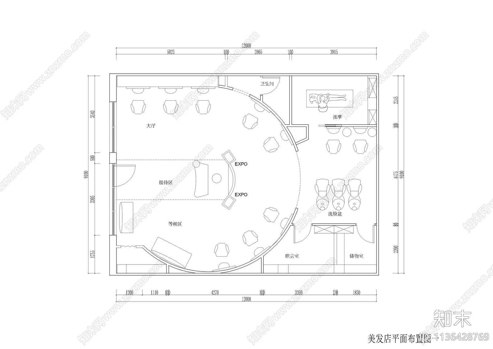 异型美容美发店平面布置图施工图下载【ID:1136428769】