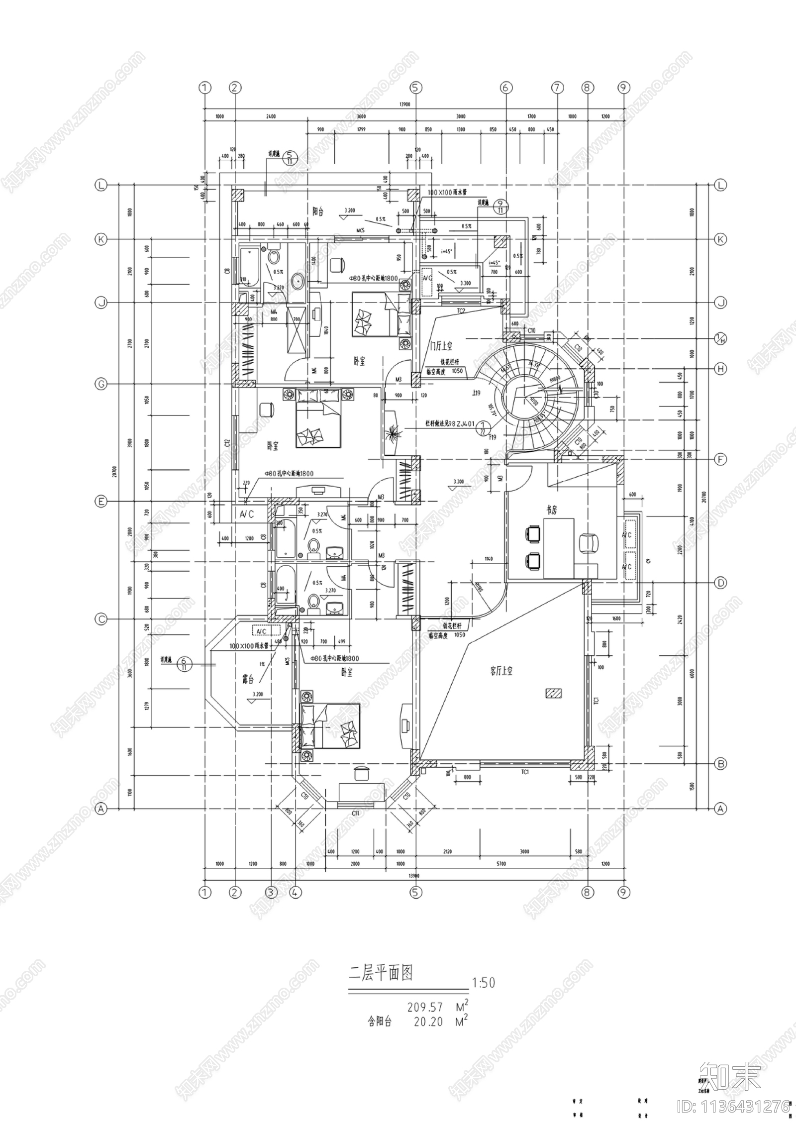 别墅建筑cad施工图下载【ID:1136431276】