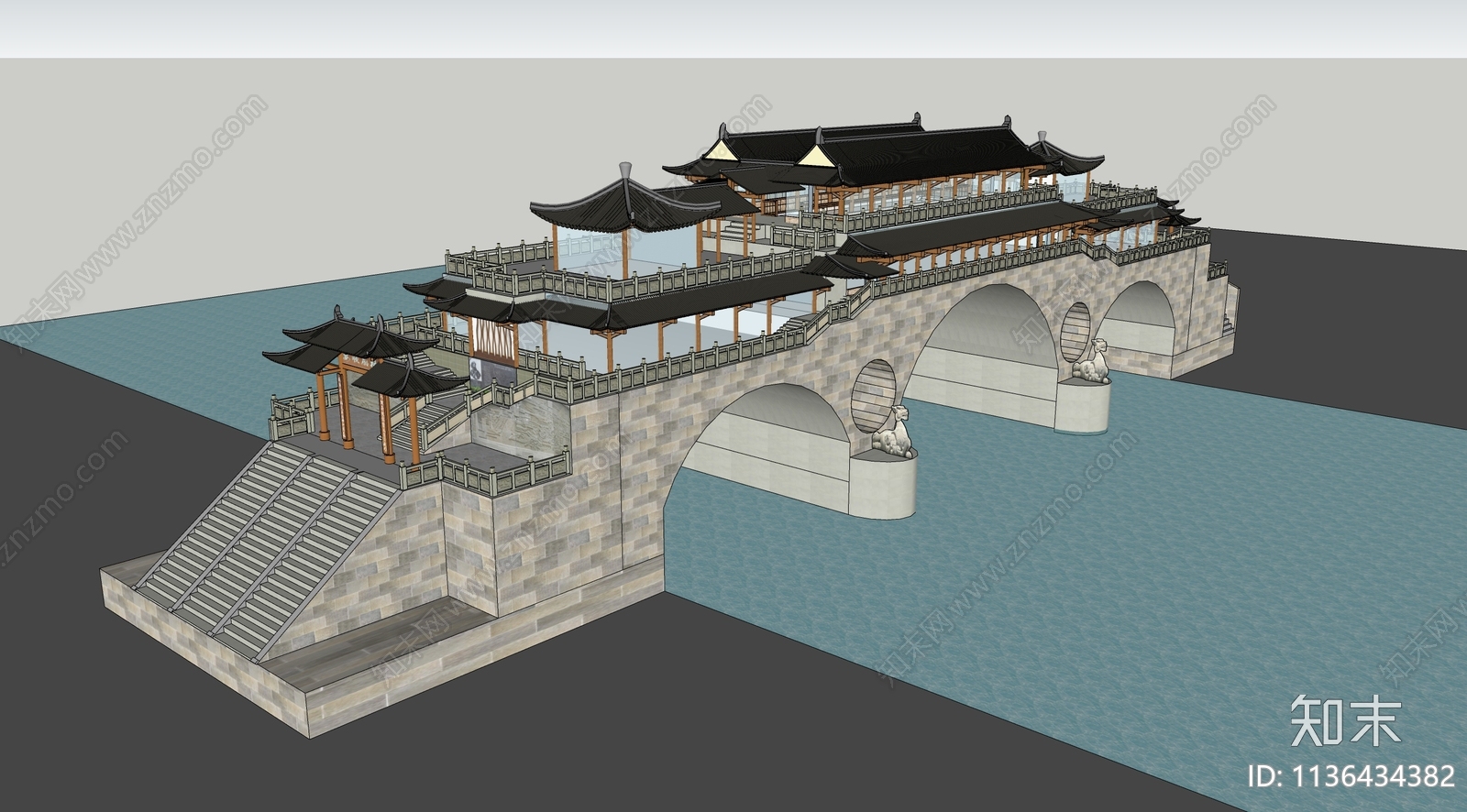 中式贵州安顺廊桥SU模型下载【ID:1136434382】