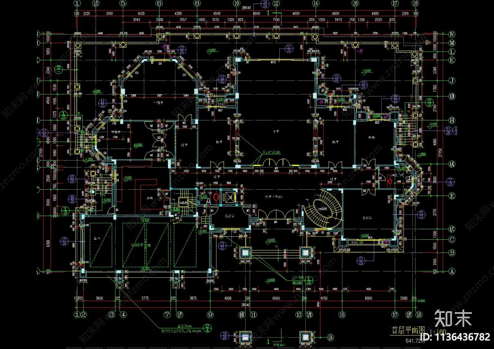 欧式三层私人别墅会所建筑cad施工图下载【ID:1136436782】