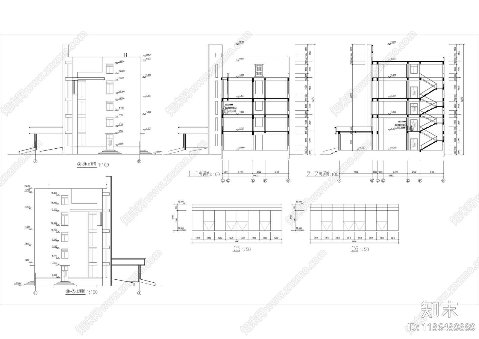 五层办公楼建筑cad施工图下载【ID:1136439889】