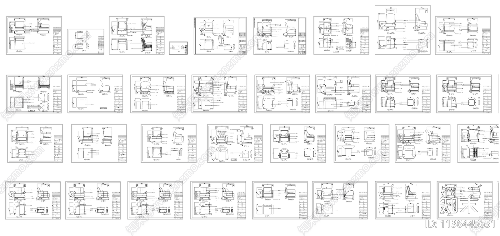 现代沙发三视图施工图下载【ID:1136445651】