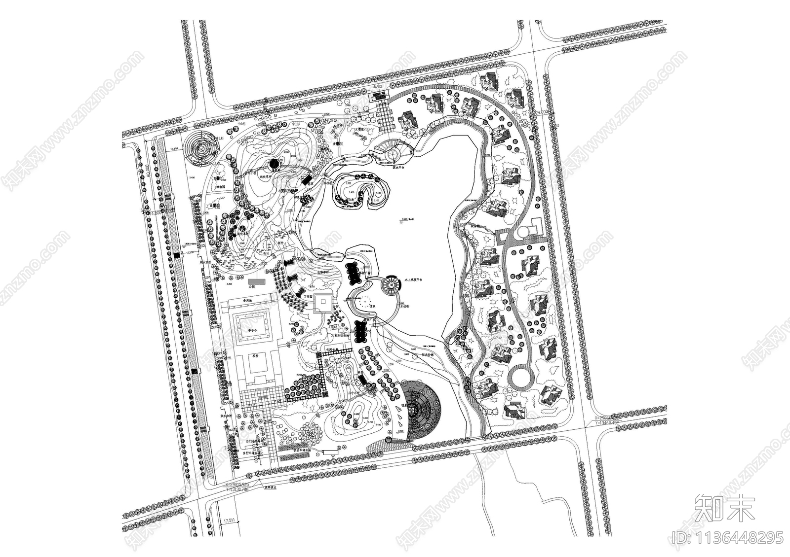 城市公园景观总平面图cad施工图下载【ID:1136448295】