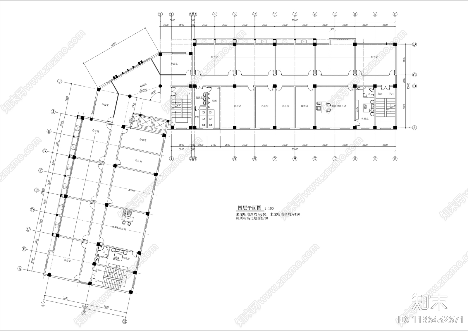 L型公司综合办公楼建筑cad施工图下载【ID:1136452671】