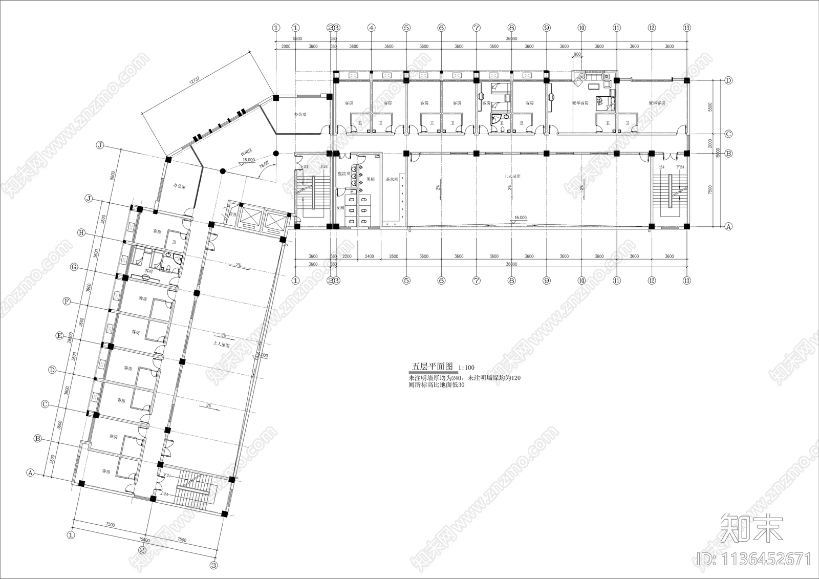 L型公司综合办公楼建筑cad施工图下载【ID:1136452671】